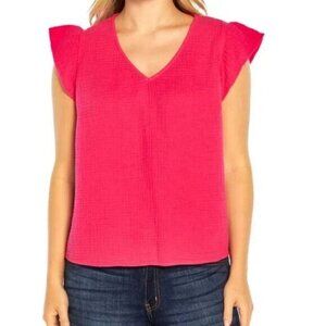 Three Dots Double Gauze Short Sleeve Top Hot Pink
